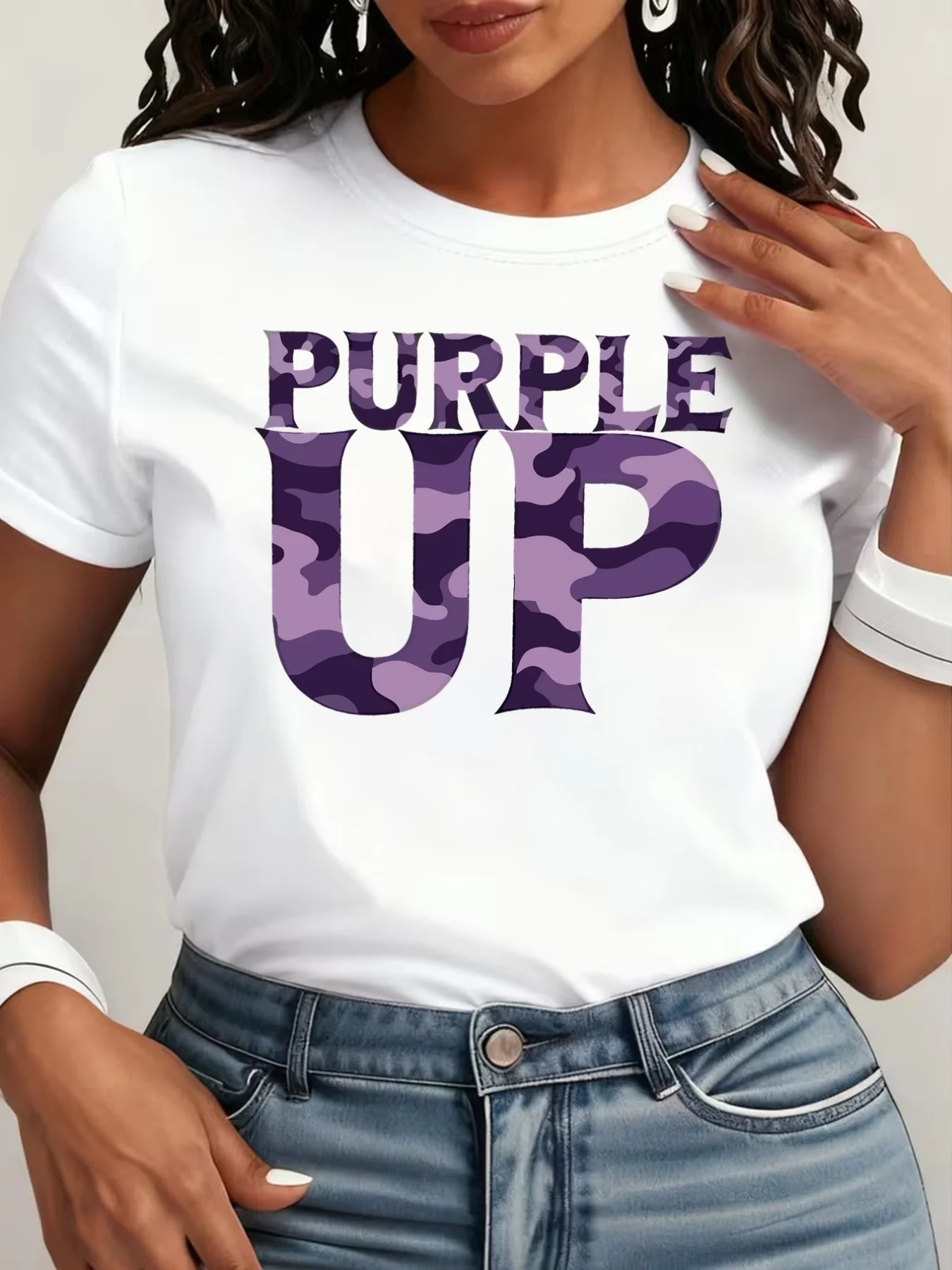 Plus Size Women's Casual T-Shirt, Purple Up, Purple Camouflage, Women's Everyday Comfortable Loose Fit, Round Neck Printed T-Shirt, Suitable for Spring, Summer, Autumn, Machine Washable, Halloween and Christmas Clothing