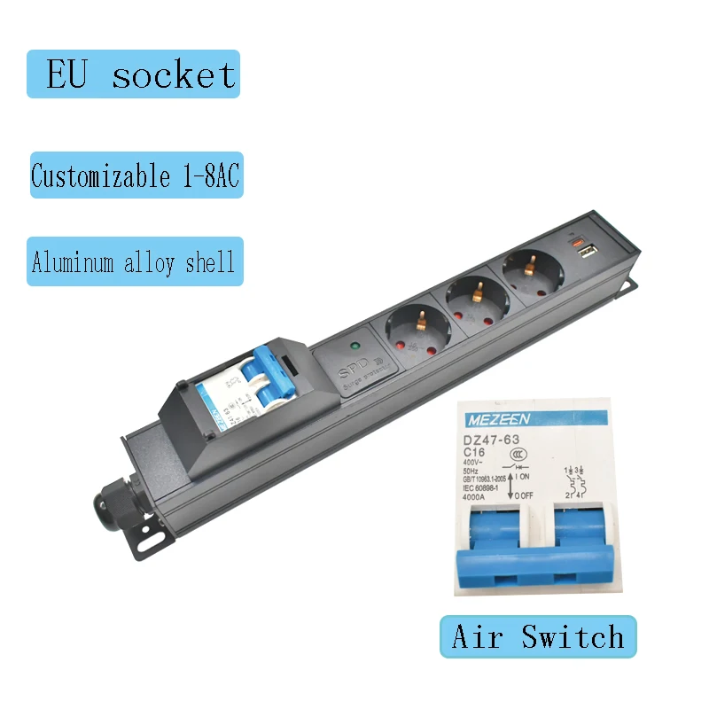 The PDU power strip with an aluminum alloy shell is equipped with European-style sockets, air switches, surge protection, and TP