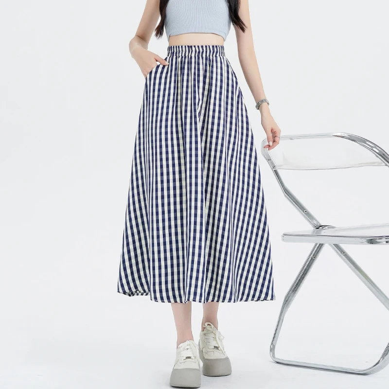 Plaid Traf Mid-length Skirt Faldas Women High Waist A Line Skirt Jupe Extra Longues Femme Streetwear Loose Skirts New