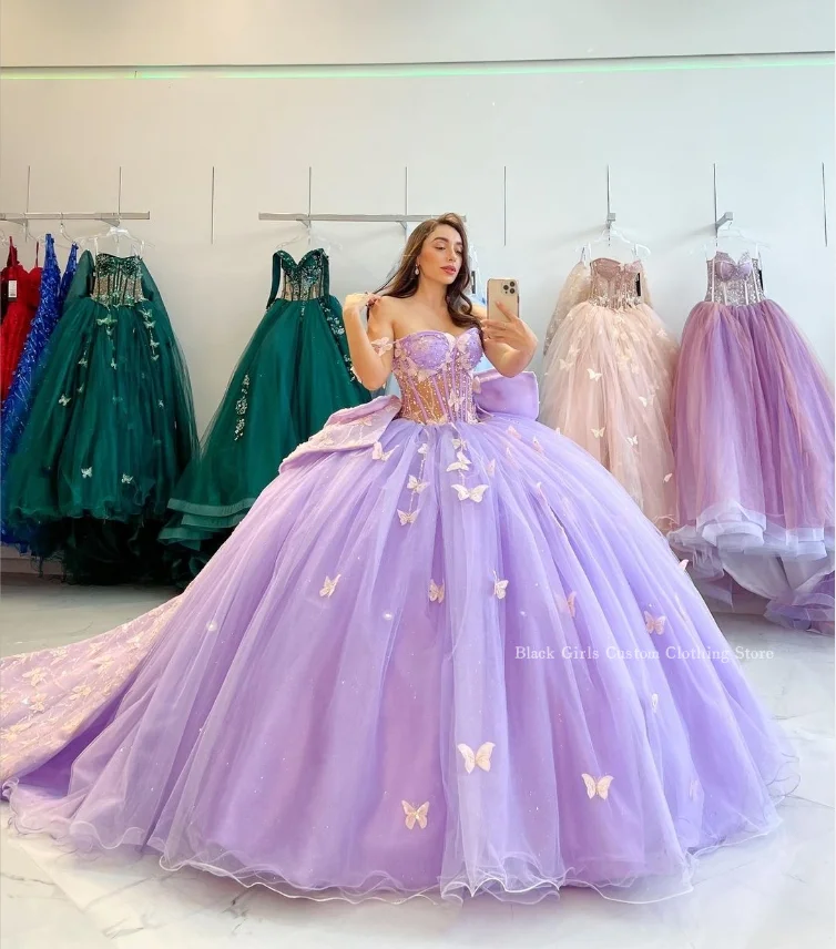 Lavender Lilac Purple Ball Gowns Quinceanera Dress Dreamy Butterfly Strapless Boned See Through Corset vestidos para festas