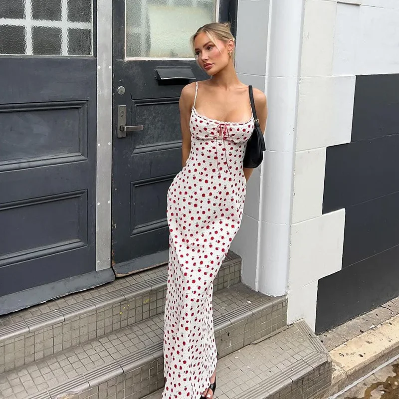 

Lace Camisole Printed Long Skirt Women's Summer Sleeveless Slim Shoulder Strap Patch Long Fashion Sexy 2025 Party Dress