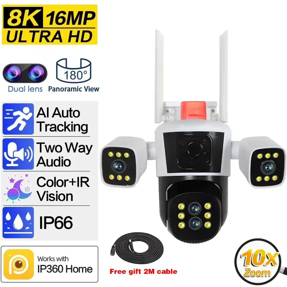 

8K 16MP WiFi IP Camera 10X Zoom Four Lens Three Screens Outdoor CCTV Video Surveillance Ai Tracking 4K PTZ Home Security Camera