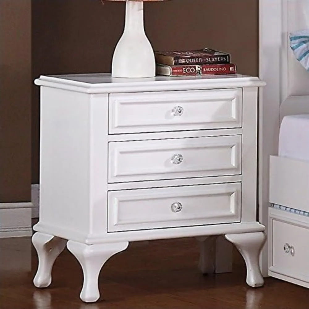 Transitional 3 Drawer Wooden Bedside Nightstand in White Includes 3 drawers Top drawer is felt lined