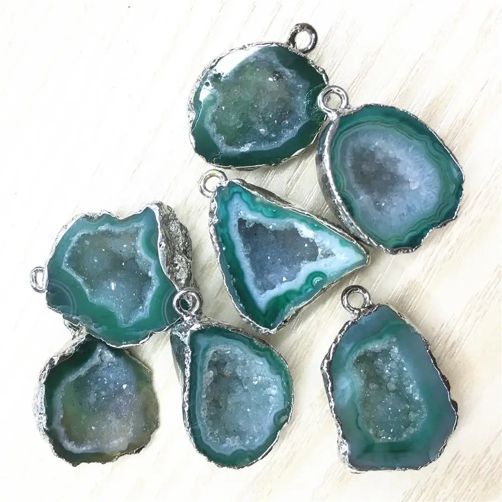 New Natural Stone Pendants&Necklace Brazilian Electroplated Platinums Edged Slice Open Blue Agates Geode Drusy Druzys Wholesale