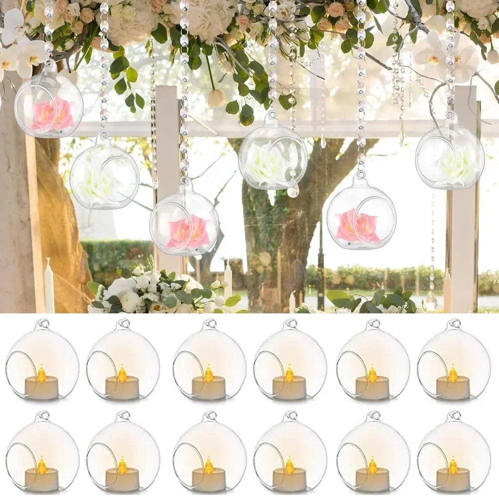 6/12 Stück hängende Kerzenhalter, Glaskugeln, Kugeln mit Kristallperlengirlande, Teelichter, Kerzenhalter für Hochzeit, Party, Baumdekoration