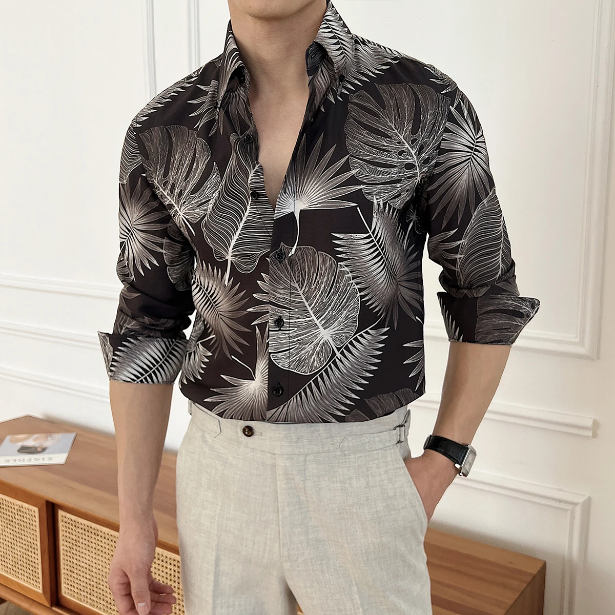 

Four Seasons general new British Yuppie men's long sleeve flower shirt casual and convenient non-ironing imperial collar shirt