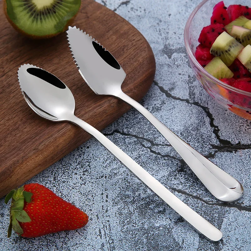 Serrated Edge Grapefruit Spoon 304 Stainless Steel Long Handle Scraping Spoons Fruit Scoops Coffee Teaspoons Tableware Flatware