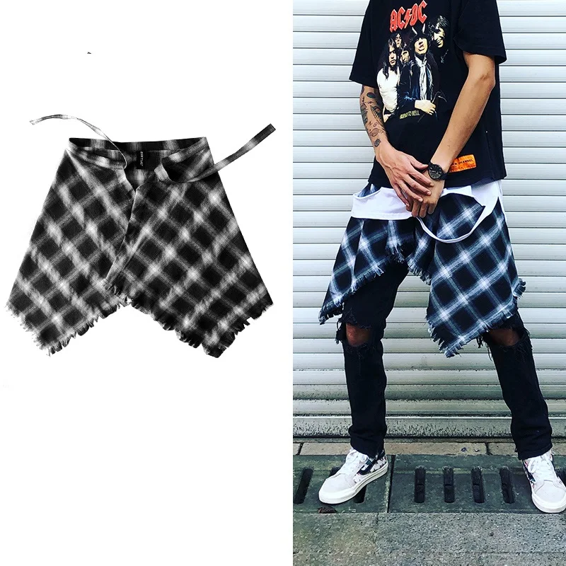 Hip Hop Irregular Men and Women Fake Shirt Hem Spring Autumn Plaid False Shirt Skirt Half-body Female Street Skirts Womens Saia