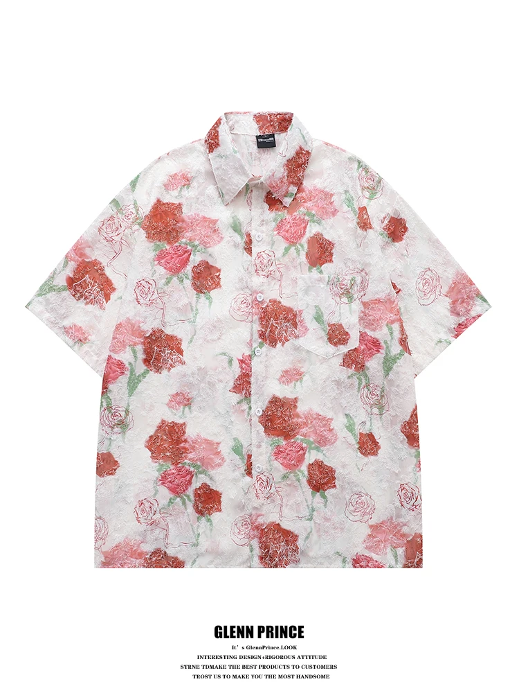 Casual Rose Print Short Sleeve Men's Shirt Summer Tassel Design Couple's Shirt Loose Fit Polyester Fiber No Iron Treatment