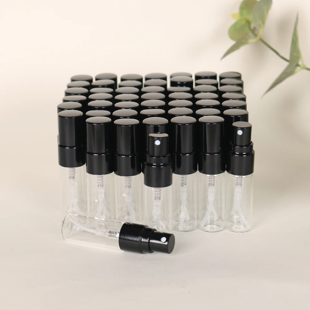 50pcs 3ml Aluminum Spray Head Transparent Glass Perfume Bottle Leak-proof Design Spray Bottle Mini Travel Size Makeup Tools