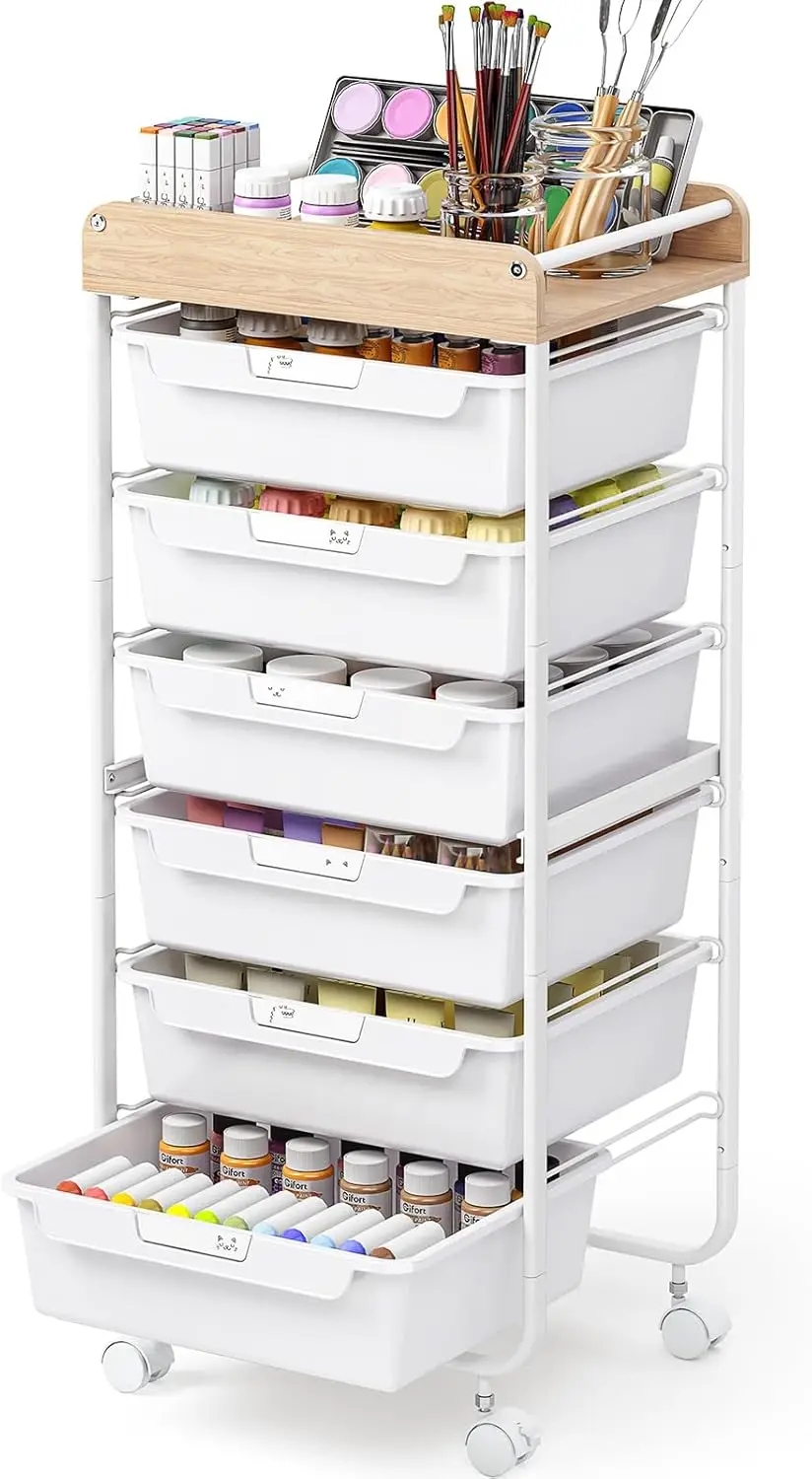 

6-Drawer Rolling Storage Cart with Wooden Tabletop, White - Craft & Makeup Organizer