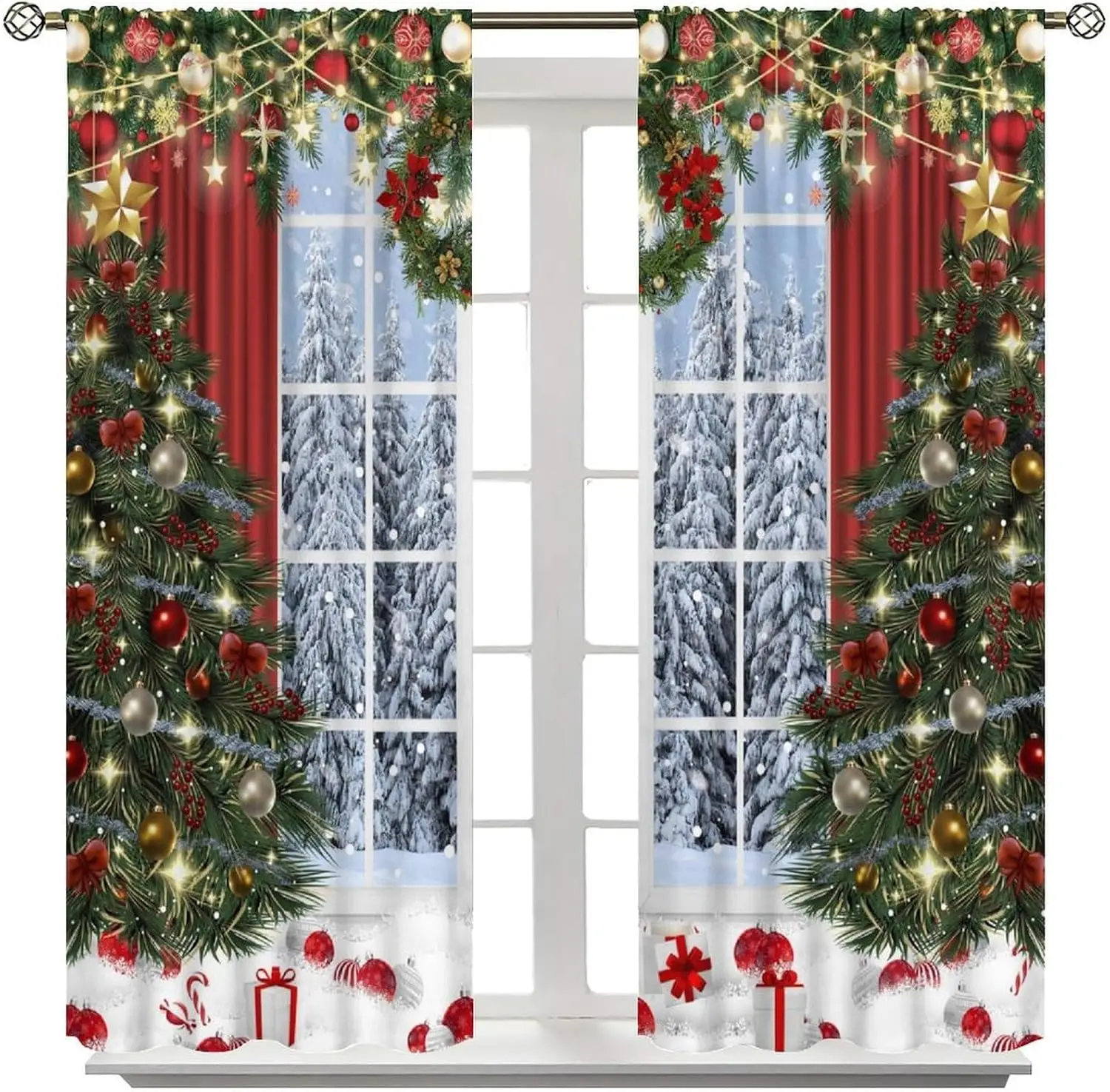 Pine Forest Snow Ball Star Wreath Gift and Candy Pattern Rod Pocket Window Curtains Festive Home Decor for Living Room