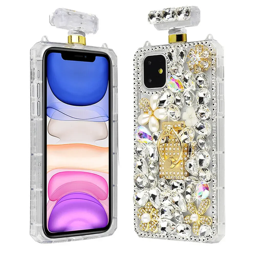 

Rhinestone Perfume Bottle Case for iPhone 15Pro, 14Plus, 13 Pro, 12 Mini, 11Pro MAX, Ring Bracket Cover, Luxury Bling