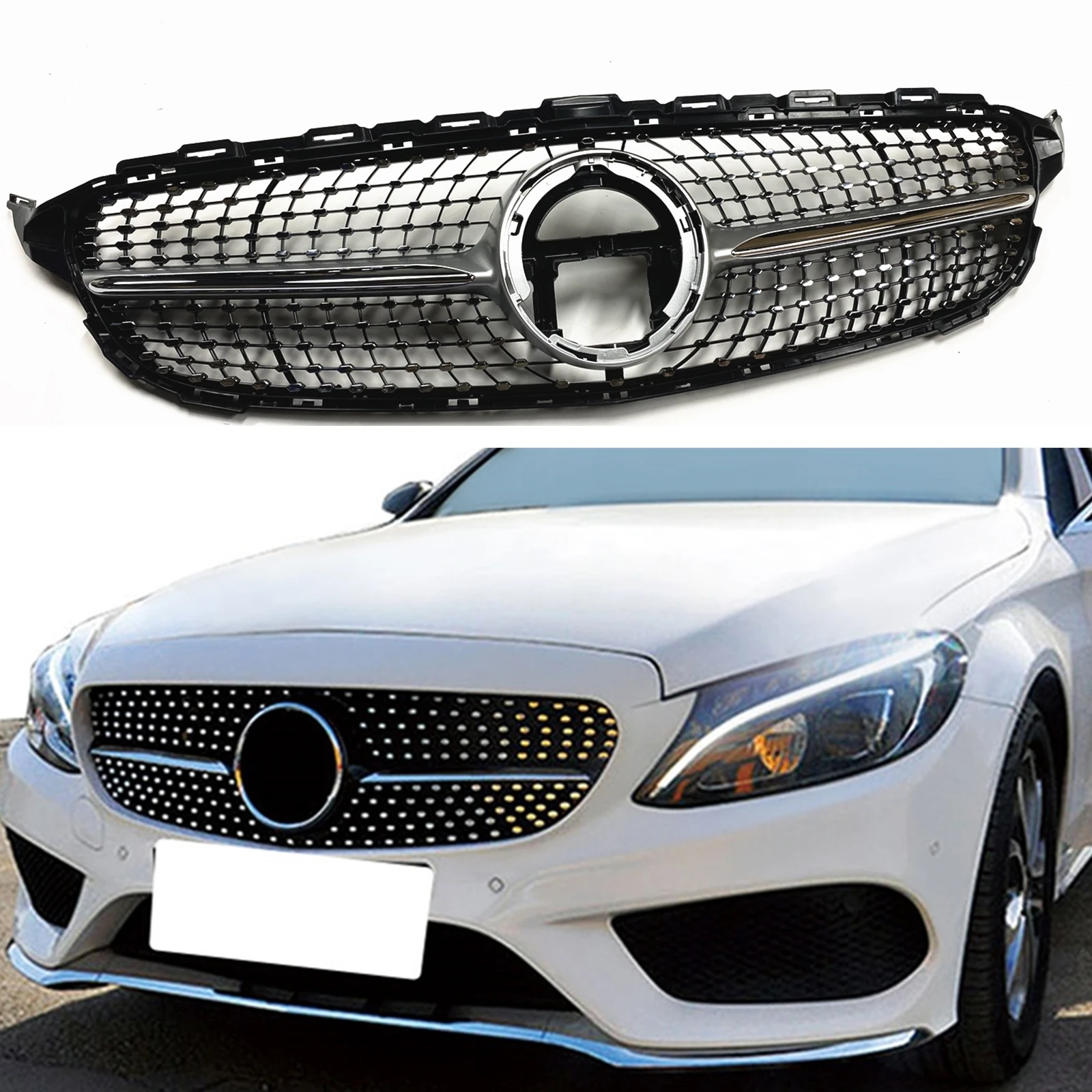 

Front Grille For Mercedes Benz W205 C Class 2019-2021 C200 C250 C300 C43 AMG Black/Silver Upper Bumper Hood Mesh Racing Grill