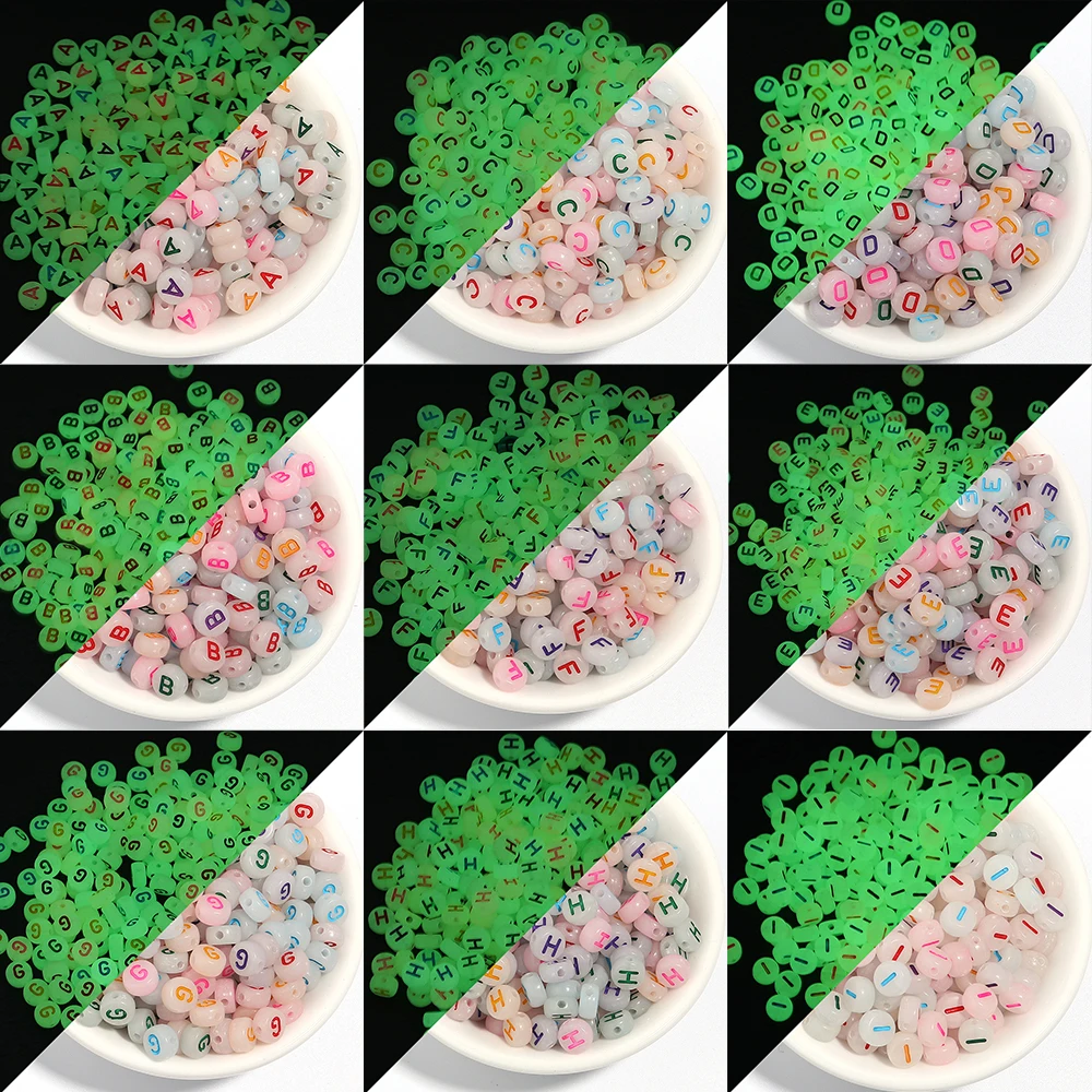 100 stücke 7mm Acryl Leuchtende Buchstaben Perlen Bunte Transluzente Flache Runde Lose Perlen Für DIY Schmuck Machen Armband Zubehör