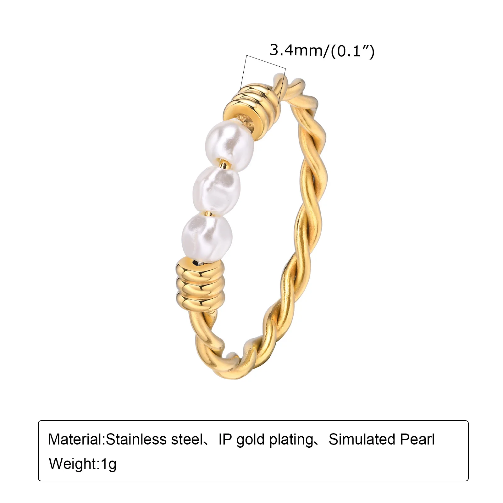 Stainless Steel Twist Braided Pearls Ring for Women Stackable Wedding Engagement Party Jewelry