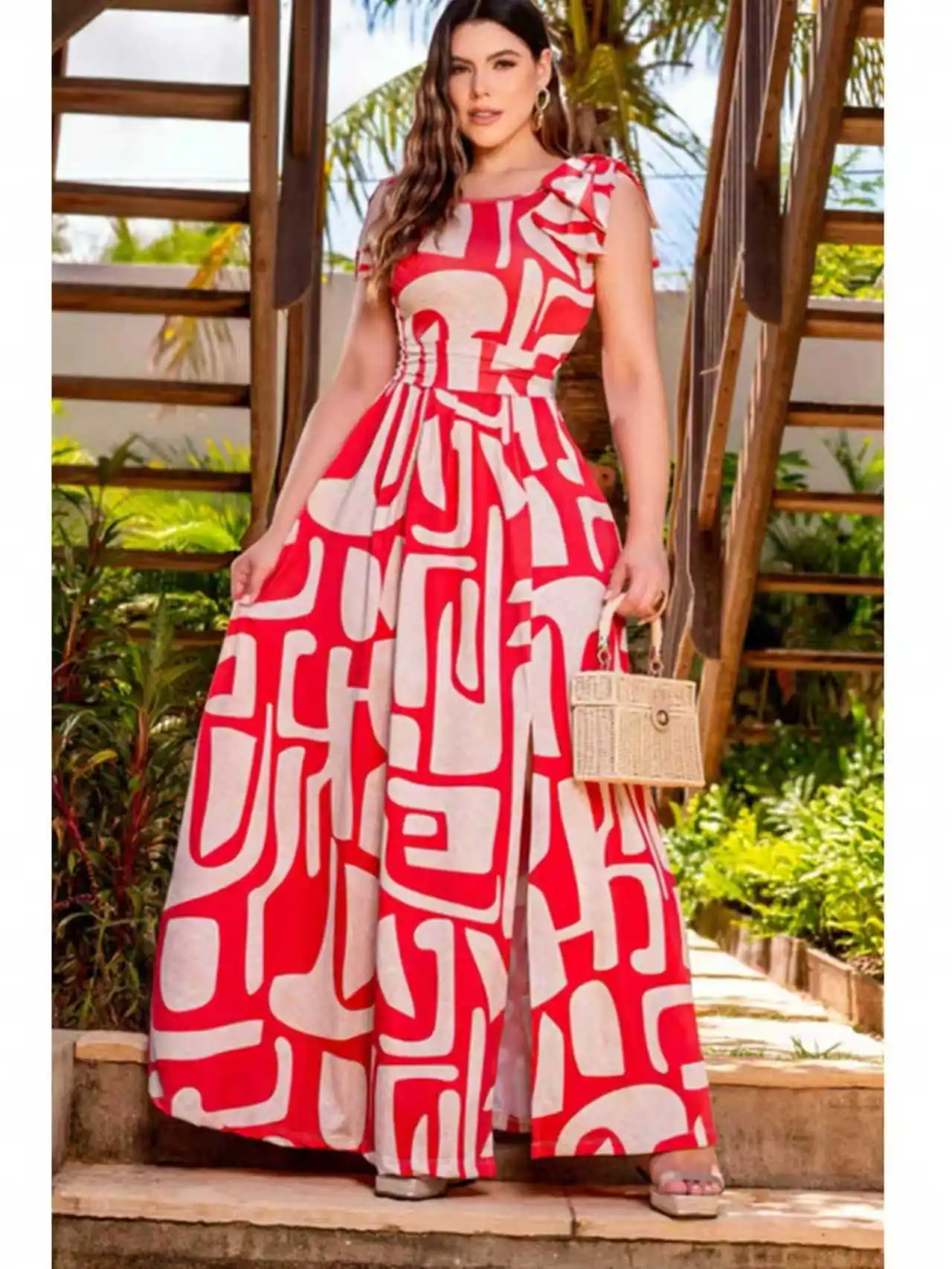 Plus Size Red and White Geometric Abstract Print Sleeveless Maxi Dress; Single Side Bow Waist Cinching Side Slit Flared Hem Vacation Maxi Dress