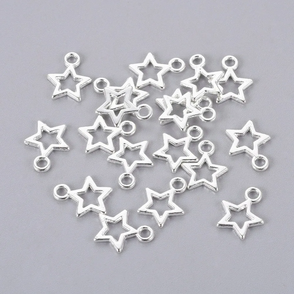 100pcs  style Alloy Pendants Lead Free and Cadmium Free Star Silver color  10mm wide 12mm long hole: 2mm