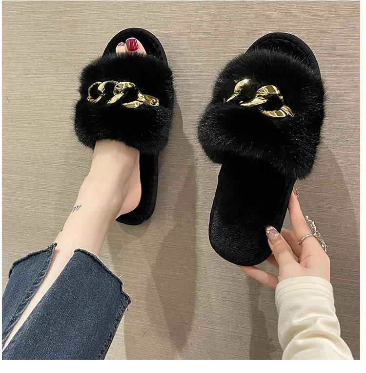 Herbst/winter Metall Kette Woolen Baumwolle Hausschuhe Mode Warme frauen Große Pelz Flache Ferse Gerade Hausschuhe Hause Baumwolle pantoffel – Detail 4