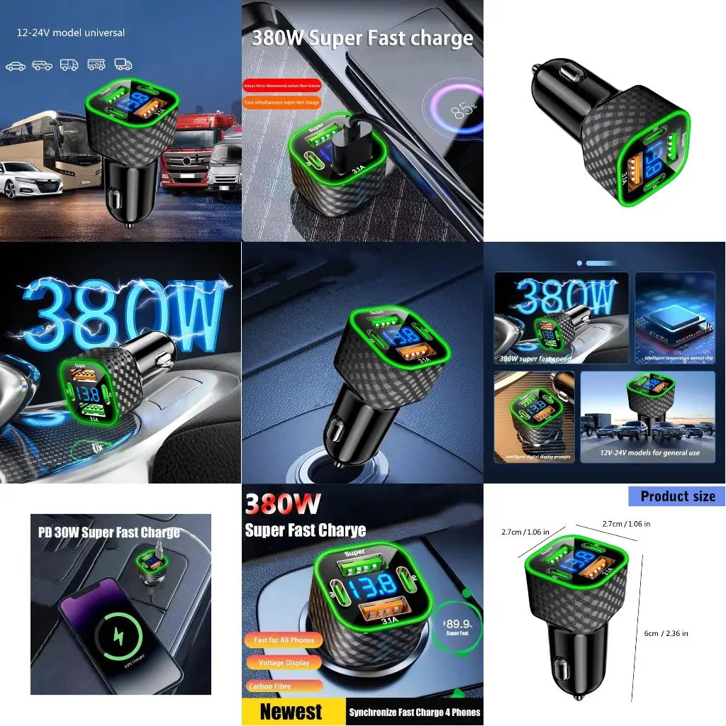 

87HE Fast Charging 4 Port Car Adapter USB PD 380W Compact Electric Display for Auto