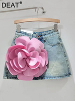 DEAT Vintage Fashion Women's Spliced Design Flower A-line Denim Skirts 2025 Spring Trendy High Waist Mini Skirt Female 11XX8966