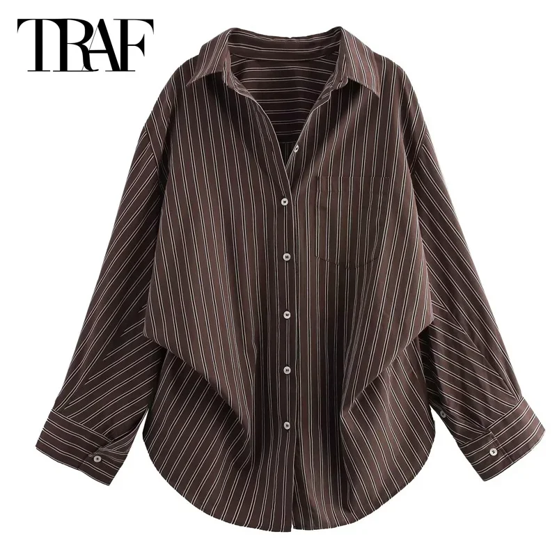 TRAF Striped Women\'s Shirts & Blouses 2024 Autumn Oversized Elegant Long Sleeve Tops Fashion Casual Brown Plus Size Long Blouses