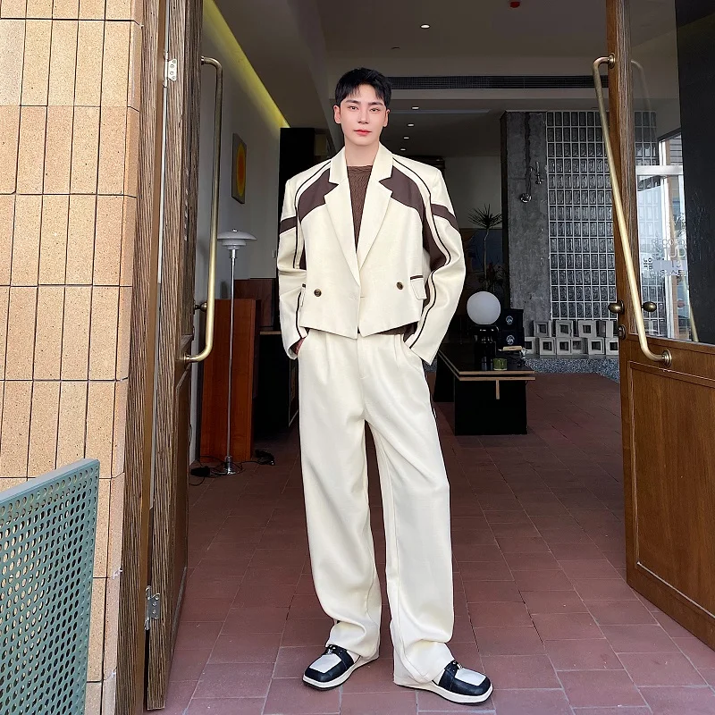 

ortened Autumn Winter Men's Suit Jaet with Patchwork Lines Color Blo Design And Waistcoat Sli Japanese Hong Kong Sle