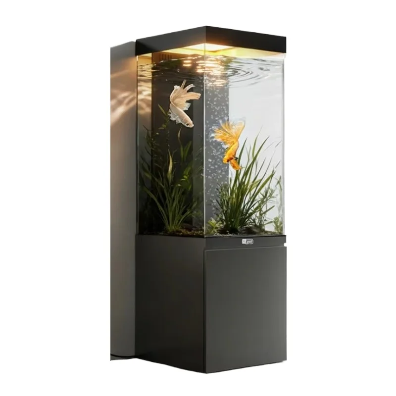 Aquarium Household Large Vertical Ultra Transparent Glass Fish Tank with Light and Bottom Cabinet