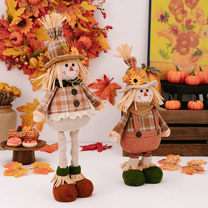 Scarecrow Doll Funny Stuffed Scarecrow Sculpture Autumn Thanksgiving Decoration Straw Hat Gnome Doll With Flexible Legs For Farm