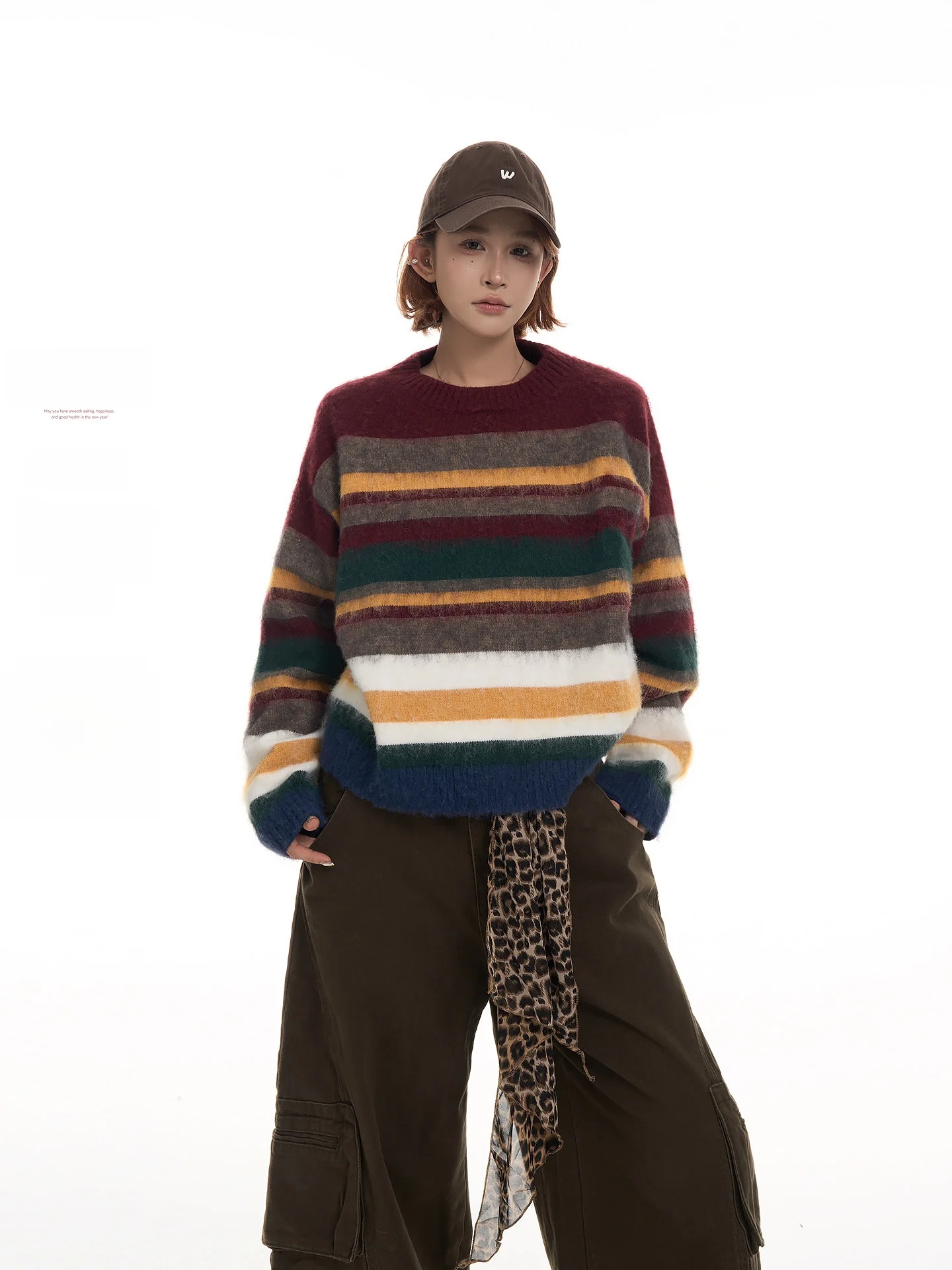 

Striped Long Sve round Ne Knitted Sweater Women's Loose Fit Autumn Winter Faion Soft Cozy Overhead Top