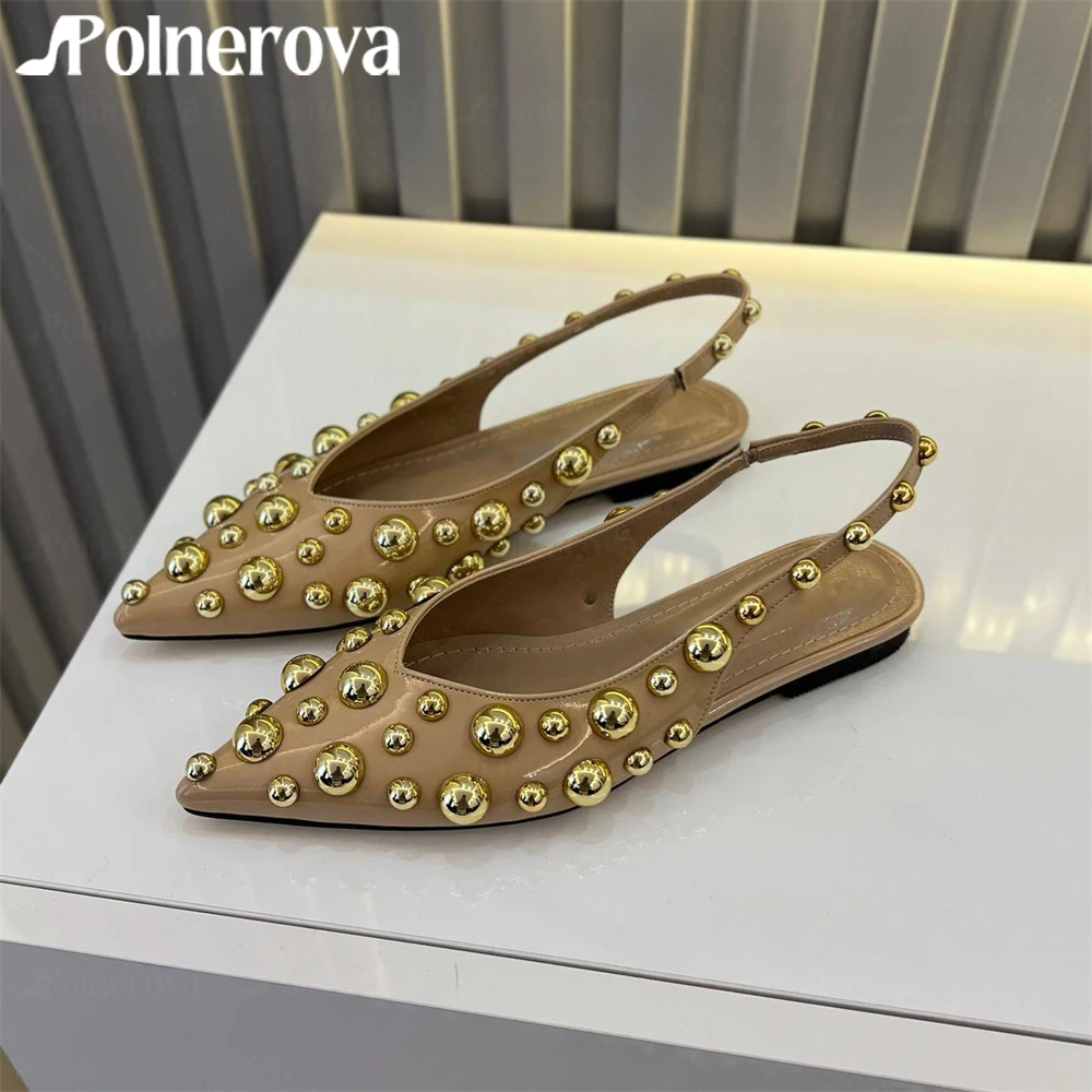 Patent Leather Metal Bubbles Ballerinas Accessory Detailed Pointed Toe Flat Shoes Designer Style Comfortable Women Slip-On Flats