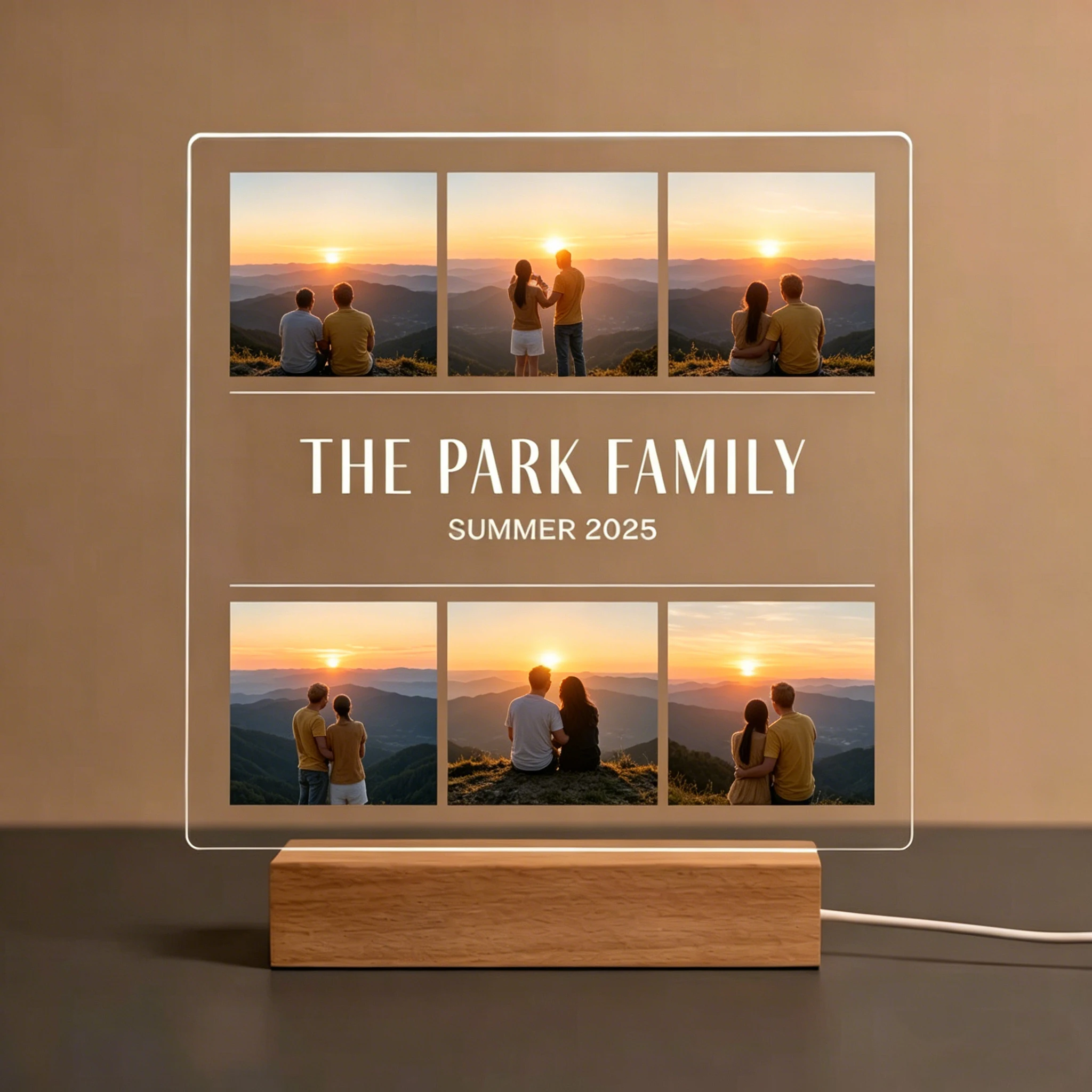 

Custom Acrylic Night Light With Family Pictures Couple Portraits Warm Toned Wooden Base Premium Gift For Friends And Family