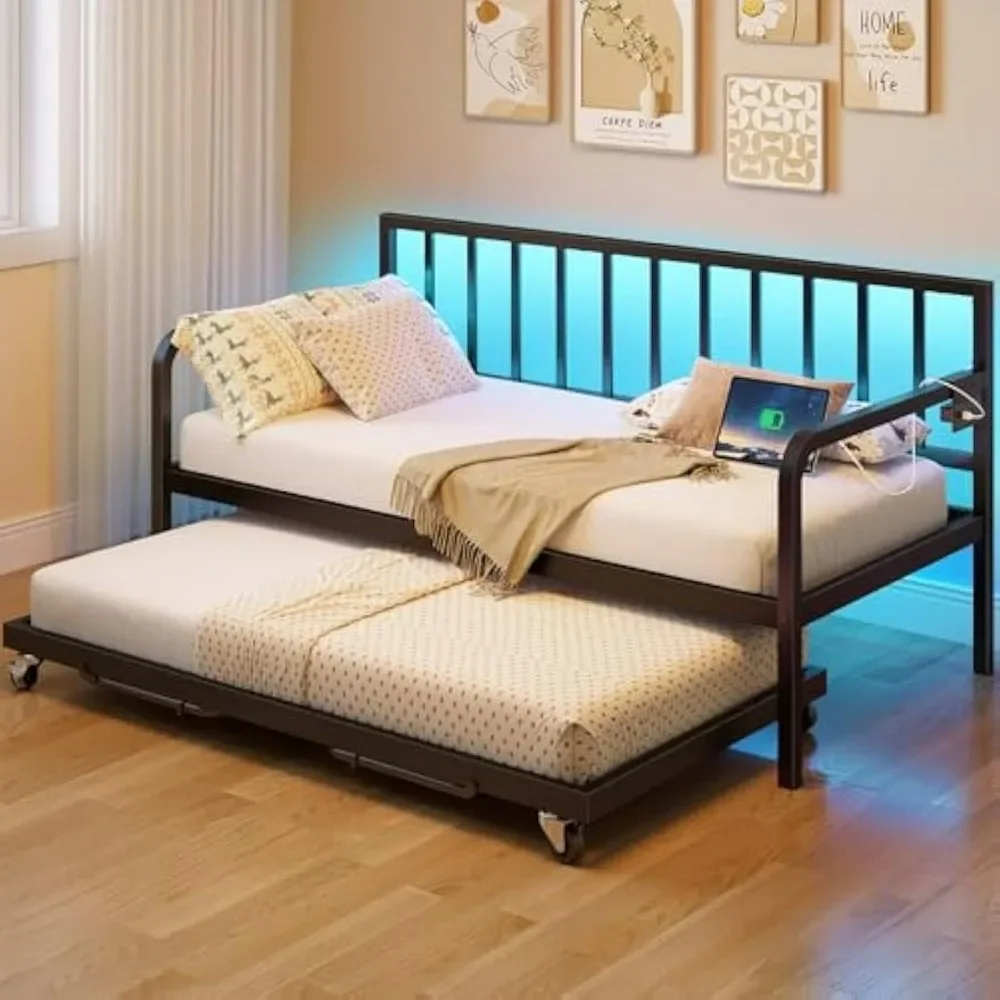 Daybed with Charging Station and LED Lights, Height Adjustable Twin Daybed with Trundle, Steel Slat Support, Metal DayBed Frame