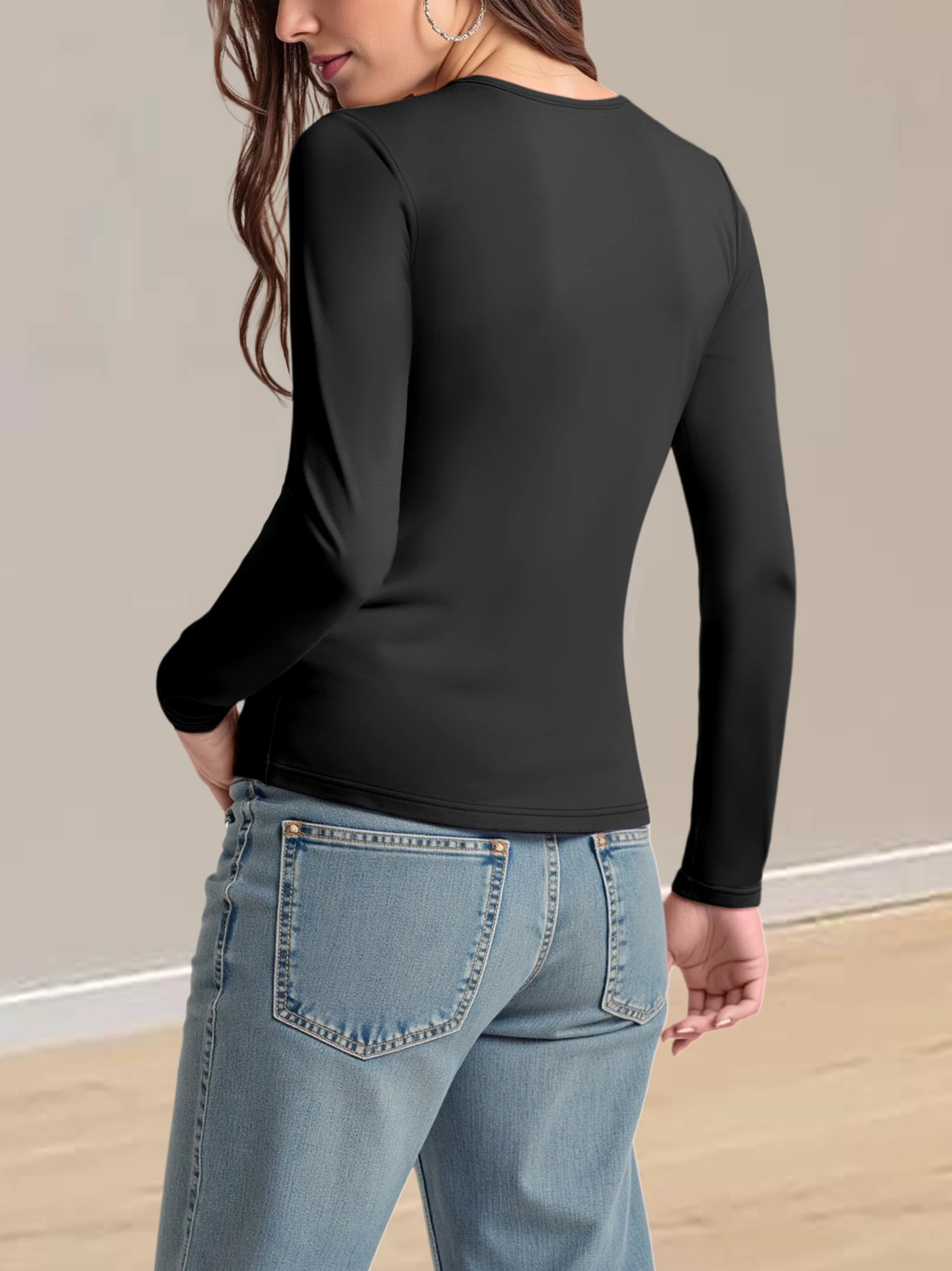 Glam Casual U‑Neck Long‑Sleeve Knit Top, Snug‑Fitted Basic Shirt for Dinner Dates & Café Hopping OOTD