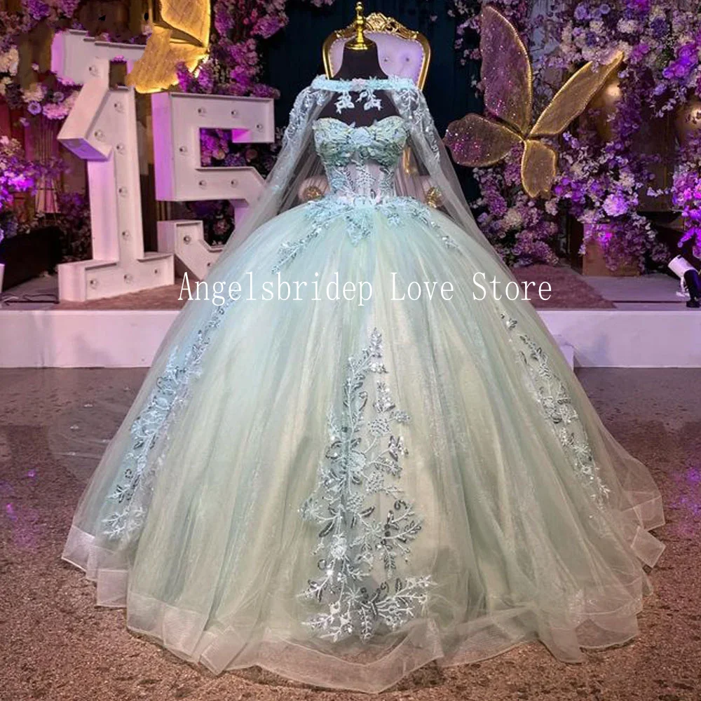 Angelsbridep Mint Groene Lovertjes Baljurk 15 Jaar Oude Quinceanera Jurken 2024 Met Cape Kralen Prinses Verjaardagsfeestjurk