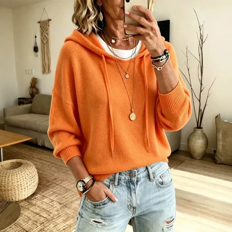 2026Women Autumn Solid Waffle Knit Hoodie, Loose Raglan Long Sleeve Drawstring Casual Pullover Top