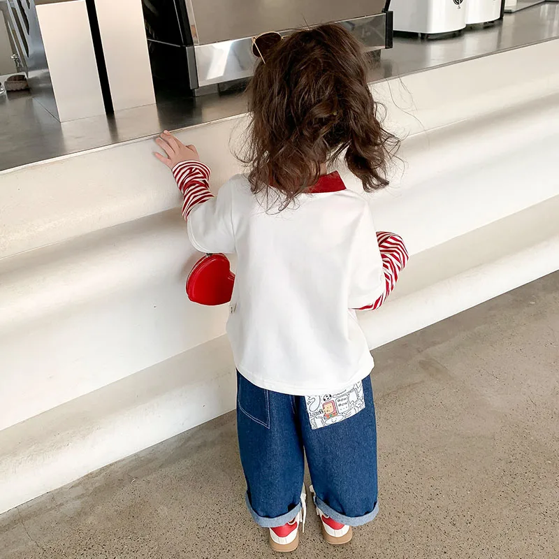 Camiseta de algodón puro con cuello de Polo para niñas, bonita camiseta de moda de dibujos animados, estilo coreano, ropa de otoño para niñas