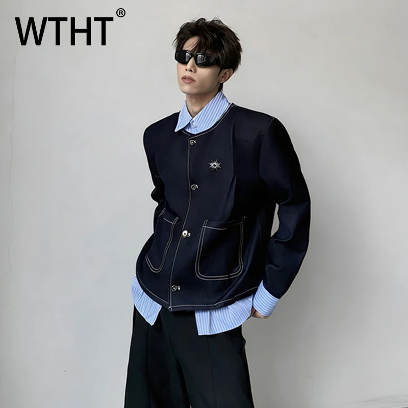 

Модные мужские джинсовые куртки WTHT с имитацией двухслойности, полосатыми вставками, отложным воротником и подплечниками, лето 2026, модель 2A2831