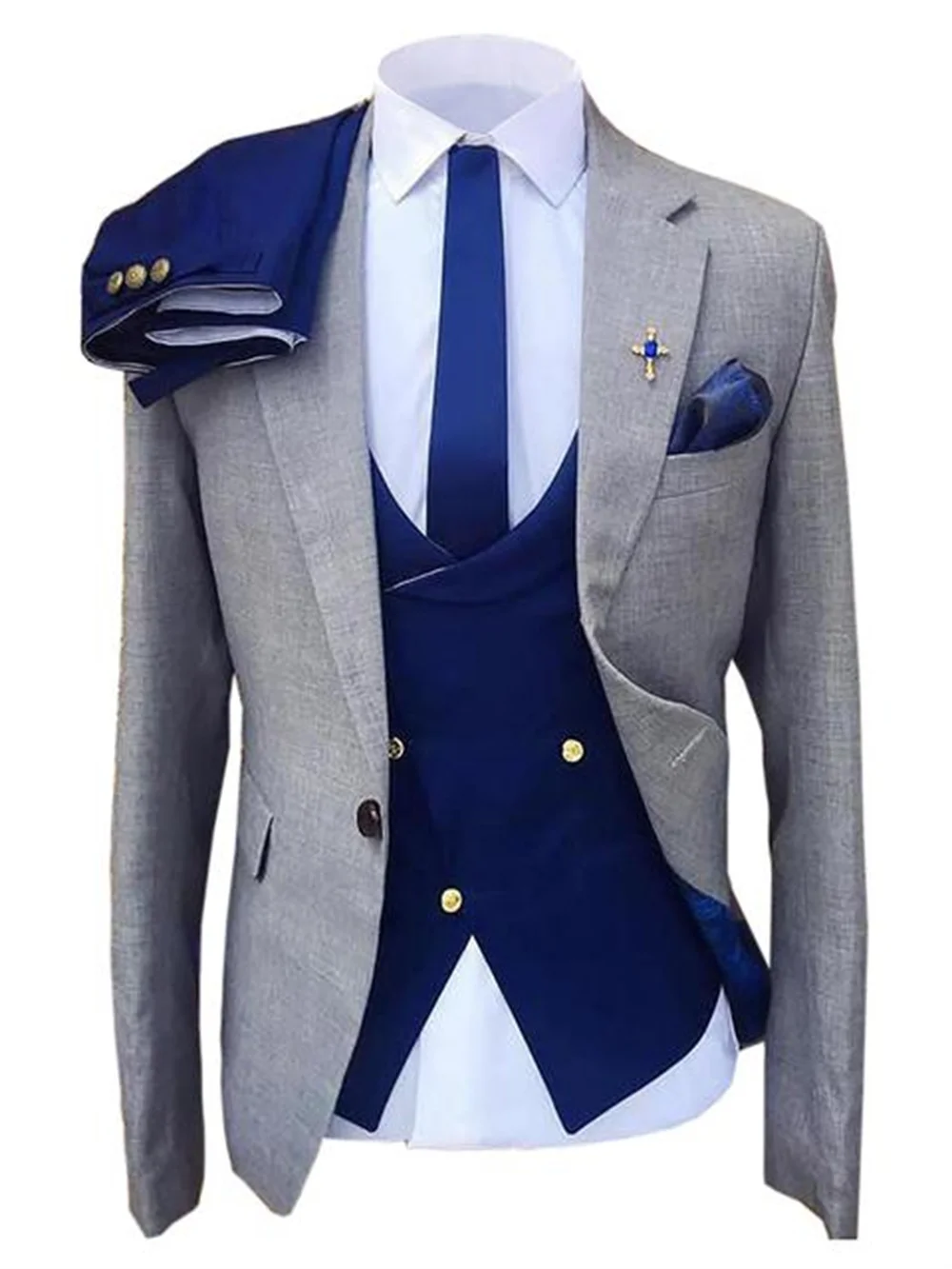 

2022 New Fashion Suit For Man Gray Blazer Navy Blue Vest And Pants For Groom Best Man Tuxedos Business Suits Costume Homme 3PCS