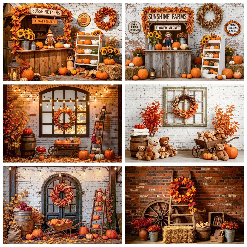 Herbst-Fotografie-Hintergrund, Ahornblätter, Kranz, Kürbisse, Ziegelwand, Leiter, Herbstporträt, Thanksgiving Day Party, Fotohintergrund