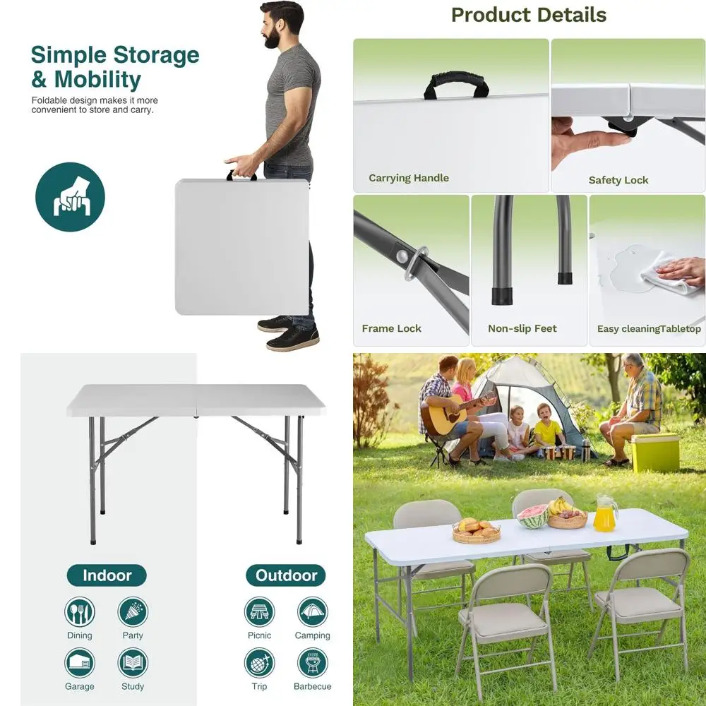 

Portable Heavy-Duty Outdoor/Indoor Folding Table with Handle, Steel Legs, Suitable for Camping, Picnics, and Parties, White
