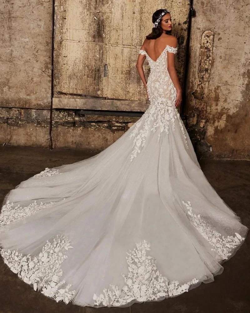 Customized Off Shoulder 3D Floral Applique Mermaid Gown Sheer Corset Glitter Tulle Long Train Deep V Back Bridal Wedding Vestido