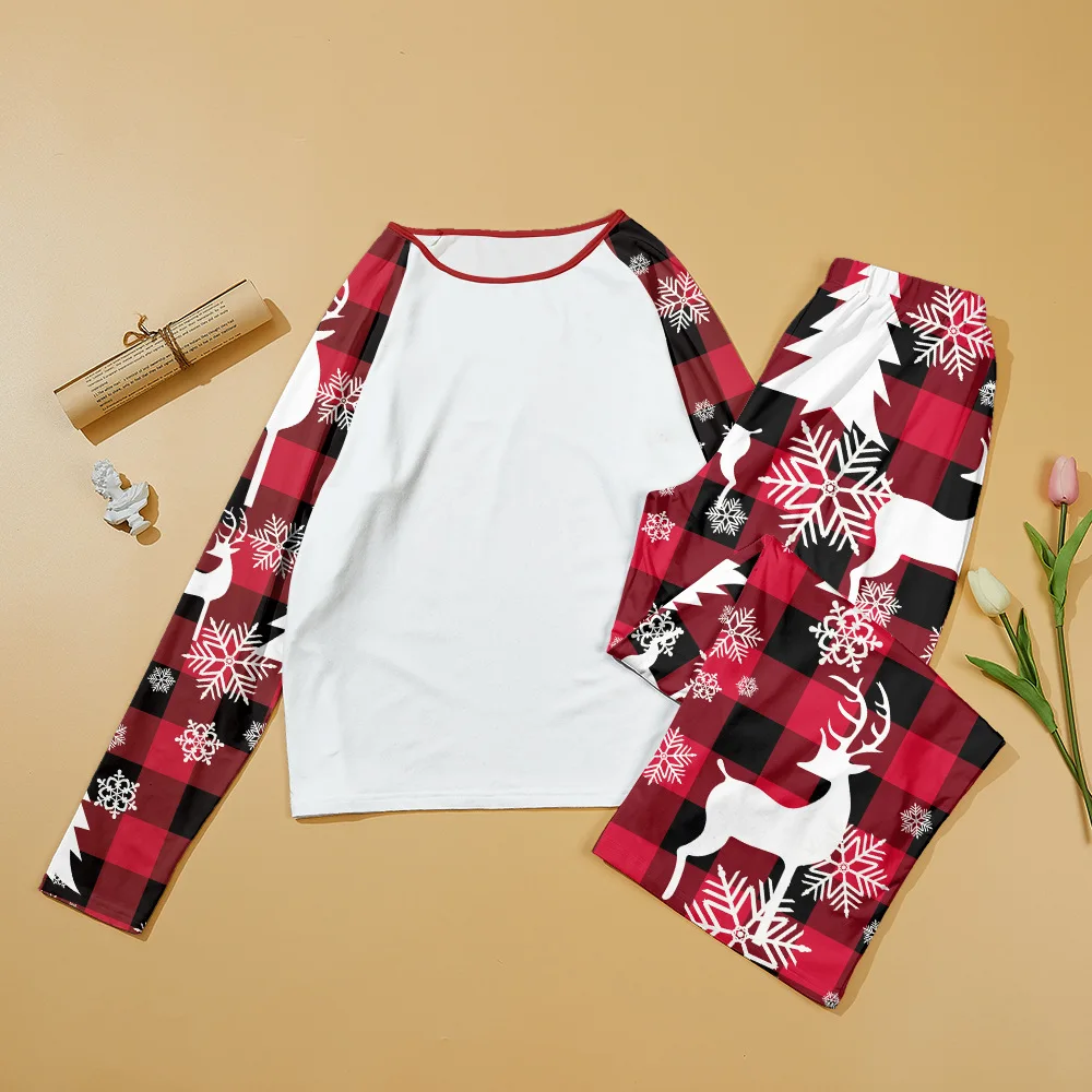 Sublimation Blank Polyester Pajamas Set Christmas Long Sleeve Clothes Sleepwear Parent-Child Set for Customized Logo Image