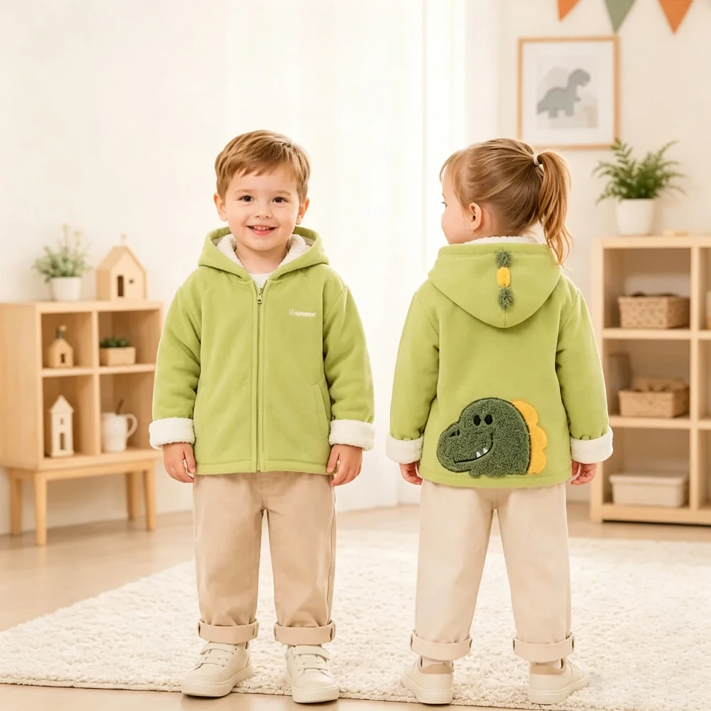 2026 Autumn Winter Children Fleece Hooded Jack Baby Boy Girl Cartoon Dinosaur Thicken Warm Outerwear Kids Clothes Windproof Coat