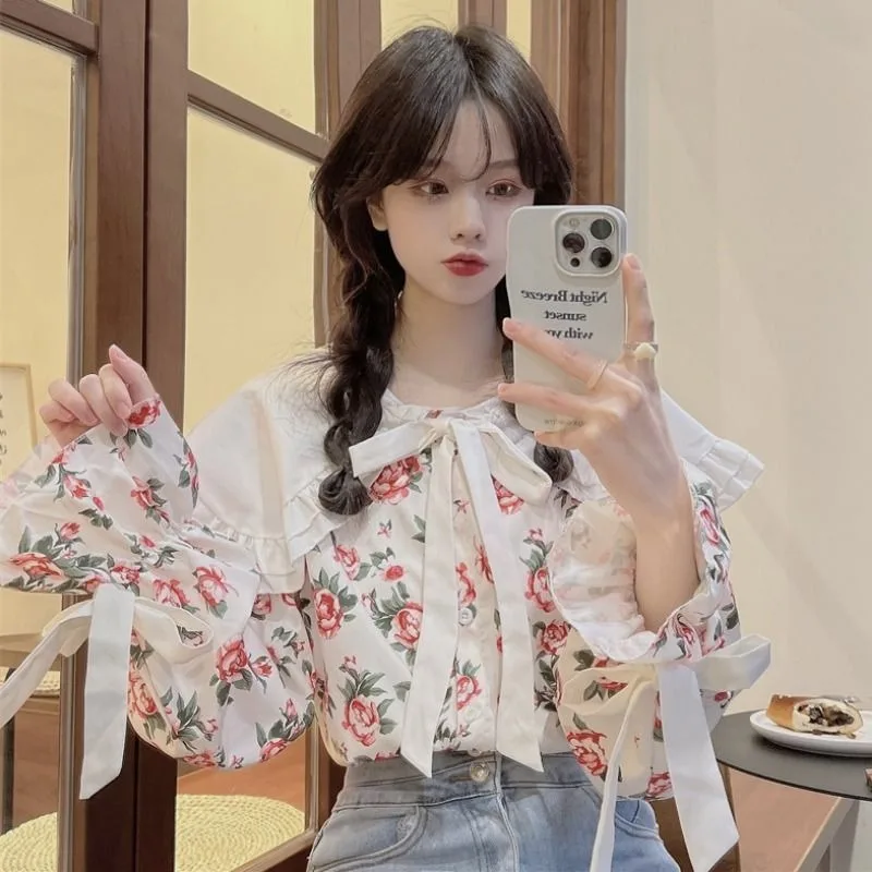 

Ruffle Women Shirts Elegant Floral Korean Female Top Long Sleeve Peter Pan Collar Shirts White Spring Ladies Fashion Blouse New