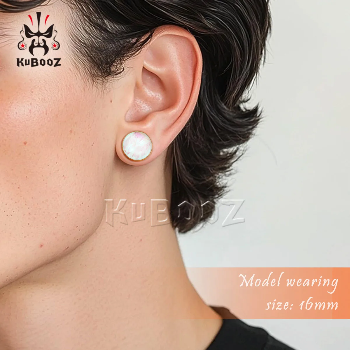 KUBOOZ Vergoldete Ohr-Tunnel-Plugs mit rosa schillernder Muscheleinlage, Edelstahl-Ohr-Dehner, Piercing-Schmuck, Geschenk – Detail 2