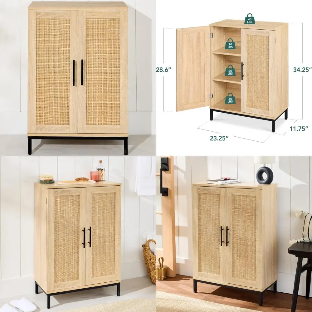 

two-door rattan storage cabinet, 34x24in, multipurpose for bathroom, living, dining, entryway