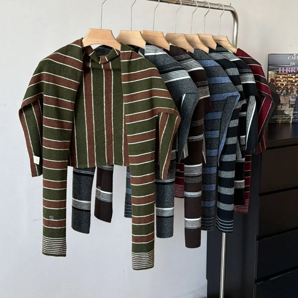 Elegant Cape T-Shaped Striped Shawl Retro Warm Large Wraps Cloak Neck Wraps Neck Warmer Autumn and Winter
