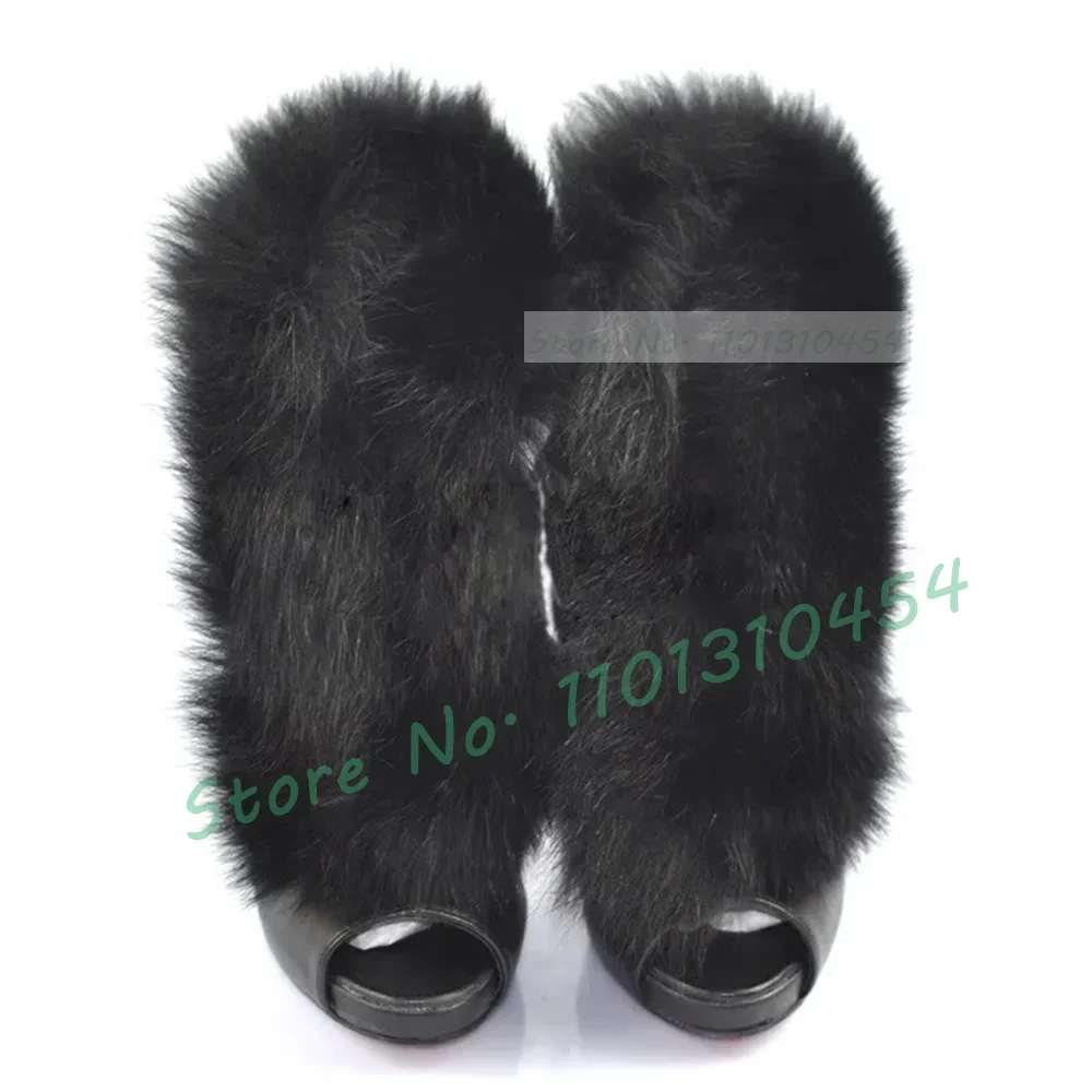 Black Peep Toe Ankle Boots With Real Fur Women Low Platform Cutout High Heels Shoes Ladies Fashion V-shaped Slip On Booties view 3