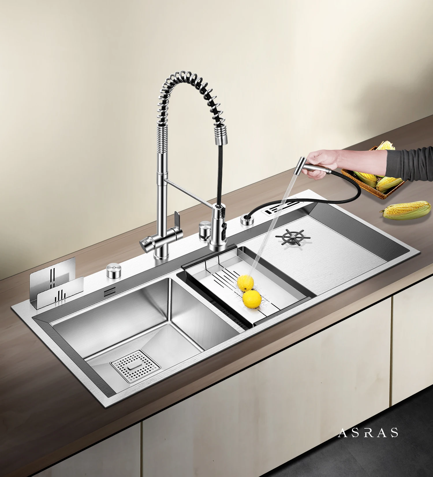 

ASRAS kitchen sink thickened 304 stainless steel large double groove built-in cup cleaning device